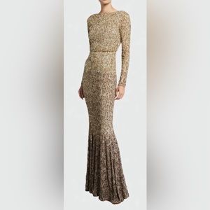 RACHEL GILBERT GOLD Sequin Beaded Long Sleeve Round Neck Gown 4